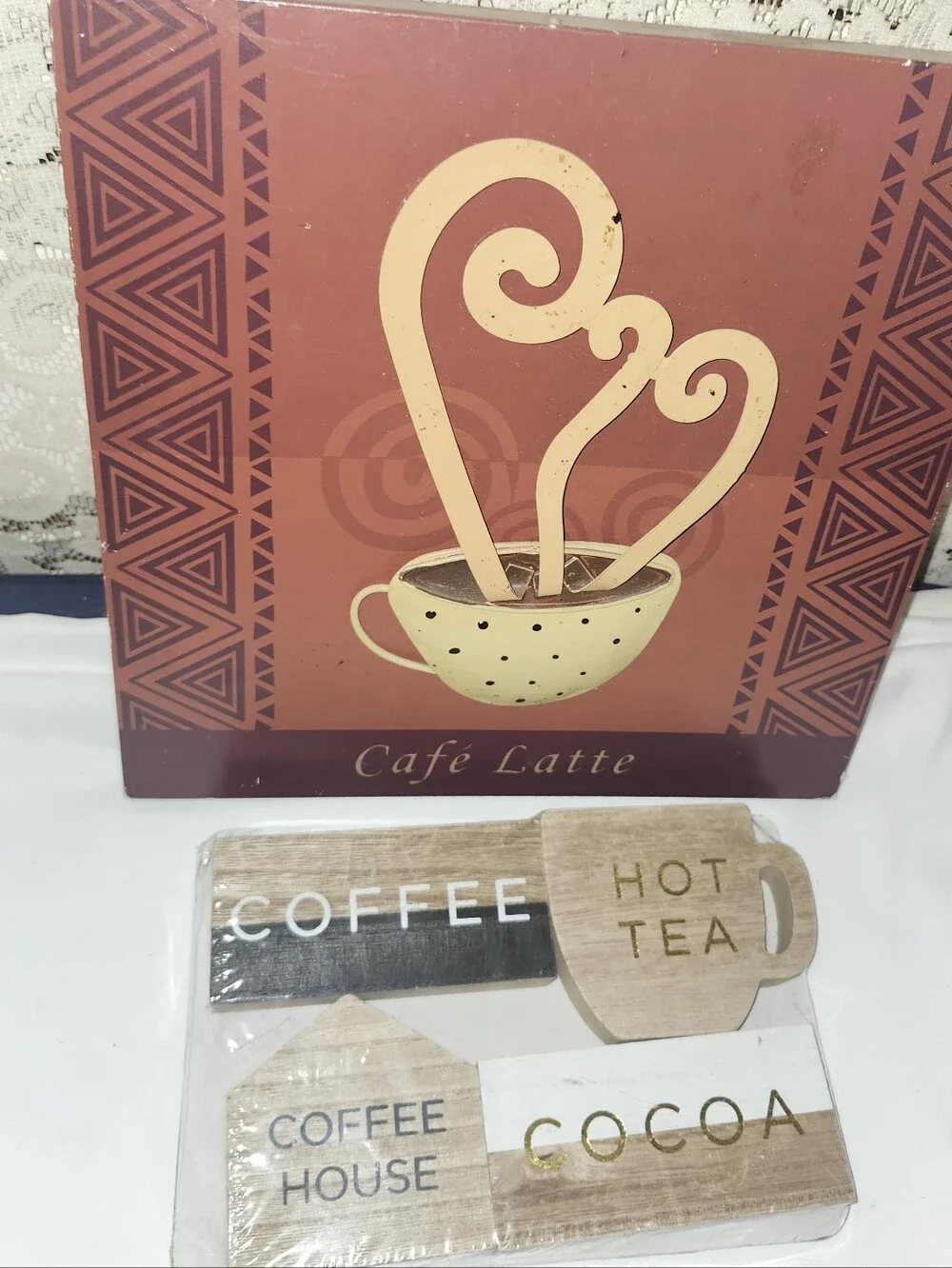 Cafe Latte Wall Art and Coffee House Sign Set - Brown